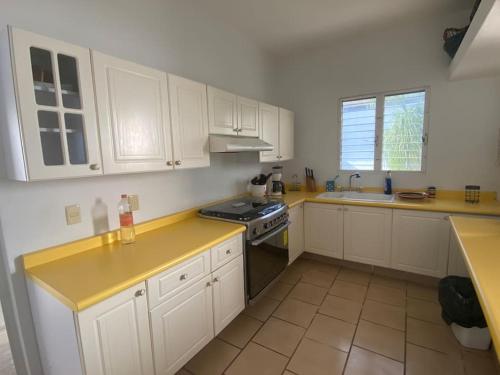 une cuisine avec des placards blancs et un comptoir jaune dans l'établissement Casa en la naturaleza, Colima, à Cuauhtémoc