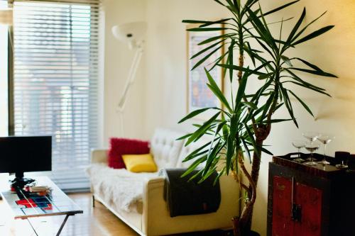 a living room with a couch and a plant at Zen life with Urban Views - E8 Chic in London