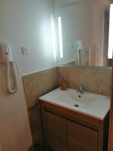 une salle de bain avec un lavabo et un miroir dans l'établissement Domaine de Cayre, à Mervilla