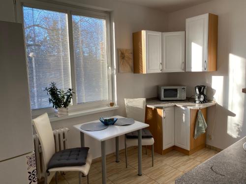a small kitchen with a table and chairs and a microwave at Apartment city centrum in Nitra