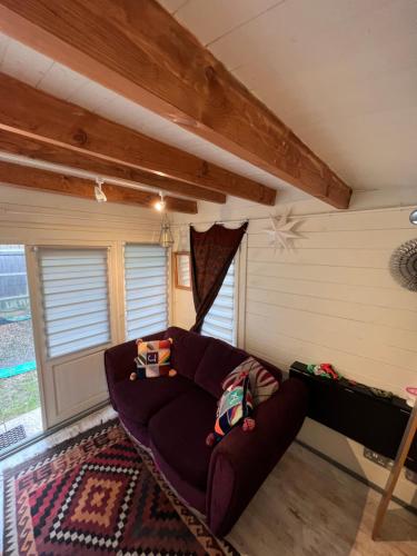 uma sala de estar com um sofá roxo num quarto em 29 park avenue em Shoreham-by-Sea