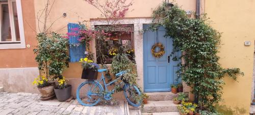 una bicicleta estacionada frente a una puerta azul en Casa 39 Apartments en Rovinj