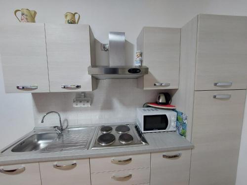 eine kleine Küche mit einer Spüle und einer Mikrowelle in der Unterkunft Studio Casta in Bellagio