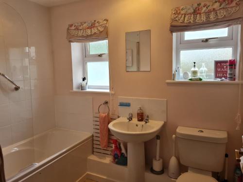 a bathroom with a sink and a toilet and a tub at Beautiful peaceful property great for wildlife in Davidstow