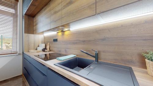 a kitchen with a sink and a wooden wall at Domček na Zelenom Vŕšku in Stará Lesná