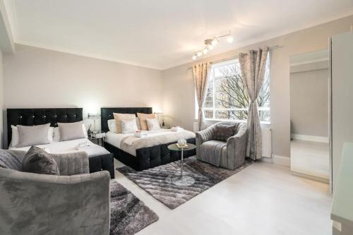 倫敦的住宿－Exceptional 5 stars flat in lovely location，客厅配有床和沙发