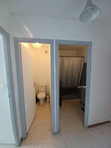 een badkamer met een toilet en een deur open bij Appartement avec vue sur la mer in Mauguio