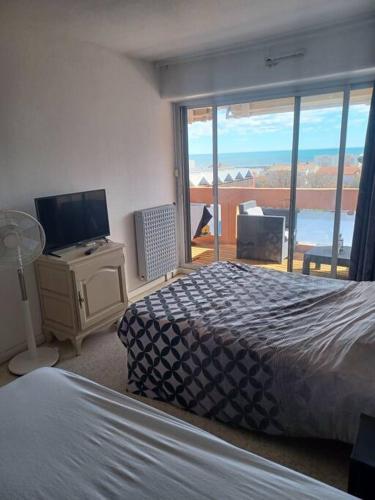 een slaapkamer met een bed, een tv en een raam bij Appartement avec vue sur la mer in Mauguio