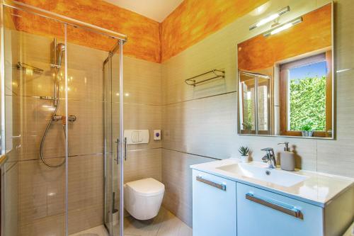 y baño con ducha, lavabo y aseo. en Villa Rustica Nicole by Villa Plus, en Štokovci
