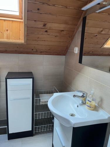 a bathroom with a white sink and a mirror at Ibolya Vendégház in Kehidakustány