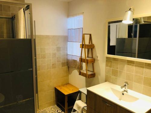 une salle de bain avec un lavabo et un miroir dans l'établissement Au Vélo Bleu - Privatisez un ancien hôtel entre lac océan - 12pers, à Soustons