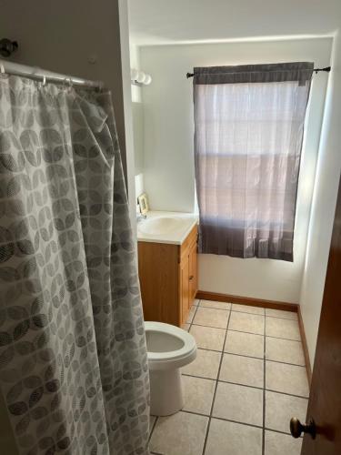 uma casa de banho com um WC e uma cortina de chuveiro em Pebbles Suite above Bedrock Tavern em Sandusky