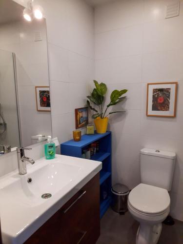 a bathroom with a sink and a toilet and a mirror at Penthouse Apartment, City Center in Caldas da Rainha