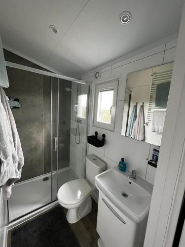 a bathroom with a toilet and a shower and a sink at Polderhuisje 2 - Heerlijk chalet nabij strand en duin - 2 slaapkamers - Midicamping - Rockanje in Rockanje