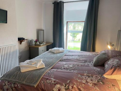 a bedroom with a large bed with a window at Rhydydefaid Bed and Breakfast, Guesthouse in Frongoch, Snowdonia in Frongoch