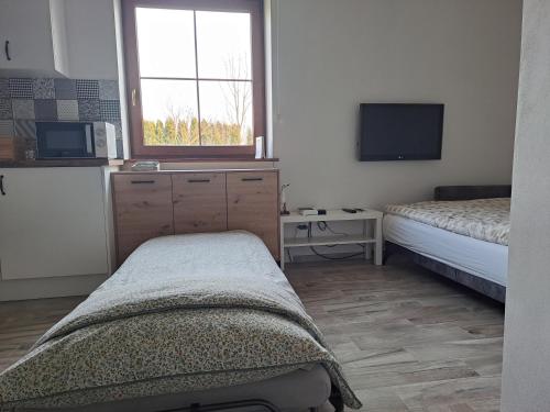 1 dormitorio con 2 camas y TV. en Apartament w Chęcinach, en Chęciny