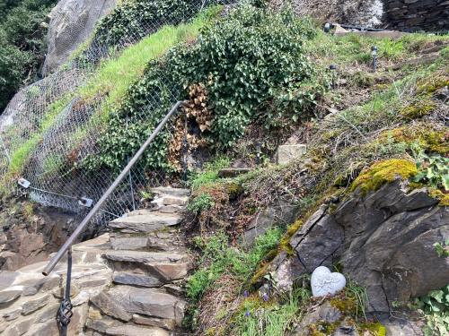 a set of stone steps on a hill with a fence at Ferienhaus Goldstück wohnen im Weinberg in Pommern
