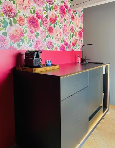 a kitchen with a counter with a pink wall at Vintner Suites in Neustadt an der Weinstraße