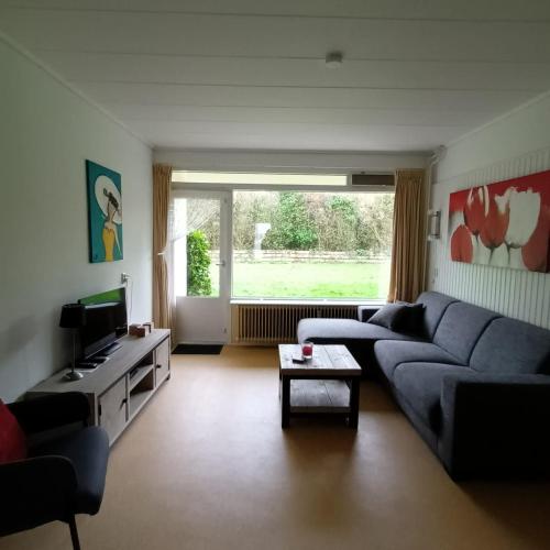 a living room with a blue couch and a television at Vakantiehuisje Martina 18 in Vlissingen