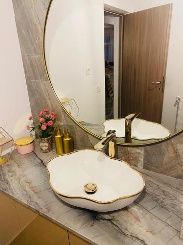 a bathroom with a sink and a large mirror at Pensiunea NOVO in Baile Felix