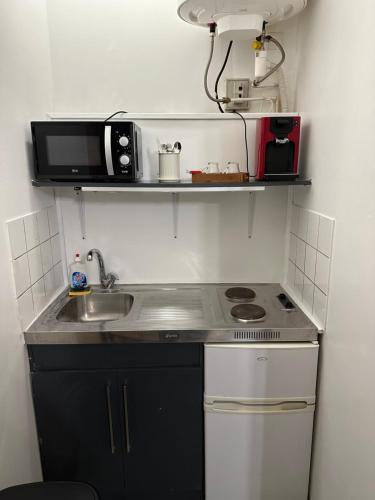 una pequeña cocina con fregadero y microondas en Le cocon, en Reims