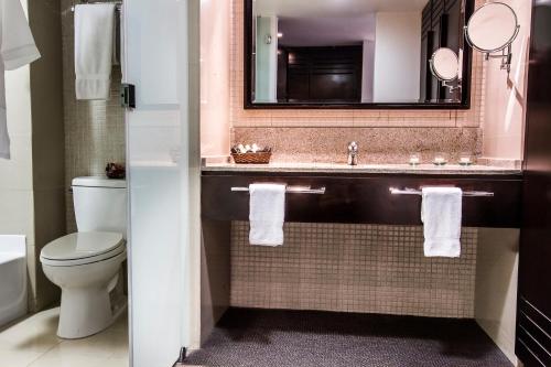 a bathroom with a sink and a toilet and a mirror at Lidotel Margarita in Pampatar