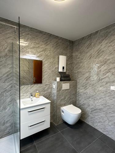 a bathroom with a toilet and a sink and a shower at Oberhausen Apartments in Oberhausen
