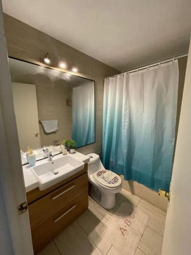 a bathroom with a sink and a toilet and a mirror at Hermosa Casa Reñaca con Vista al Mar in Viña del Mar