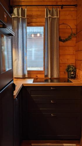 a kitchen with a sink and a window at Ferienhaus-Blockhütte im Fichtelgebirge - Nagler See 2 km in Nagel
