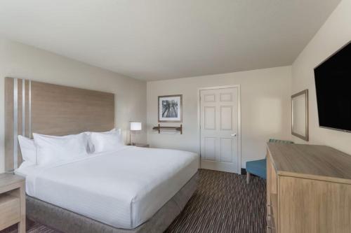 a hotel room with a large bed and a television at Days Inn by Wyndham Yosemite Area in Fresno