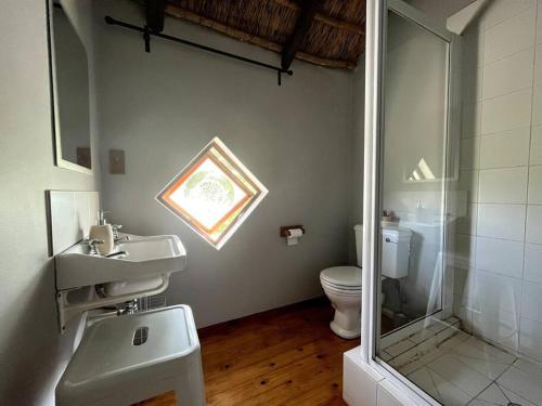 a bathroom with a shower and a sink and a toilet at Comfy Greyton Cottage for Four in Greyton
