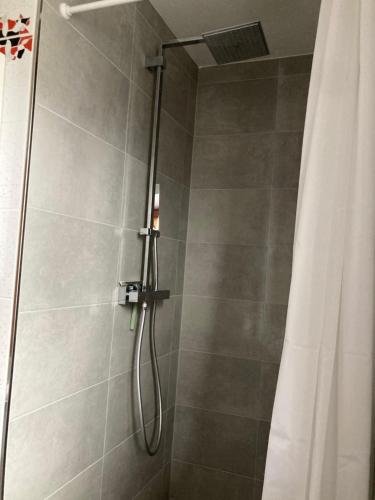 y baño con ducha y cortina de ducha. en Watzmannkar en Bischofswiesen