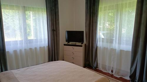 a bedroom with a bed and a television on a dresser at Casa La Măriuca in Bran