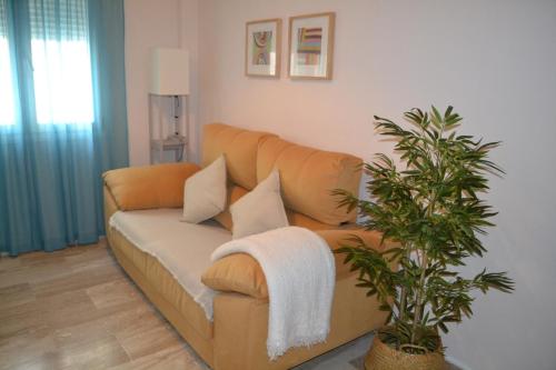 a couch in a living room with a plant at Apartamento Posidonia Free Parking in Cádiz