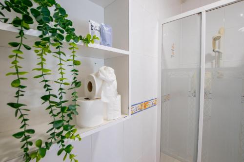 a bathroom with a shelf with towels and a plant at 87 - 4 Bedroom Townhouse With Parking in Galway