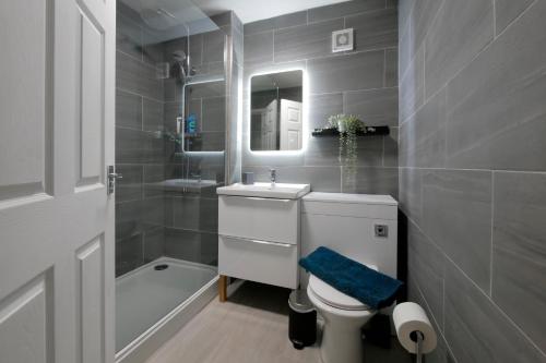uma casa de banho com um lavatório, um WC e um espelho. em Crewe Short Lets 6 Victoria Court, Crewe em Crewe