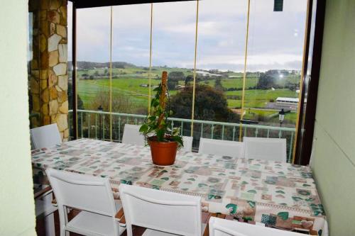 a table with white chairs and a potted plant on a balcony at Casa Villa Mey in Candás
