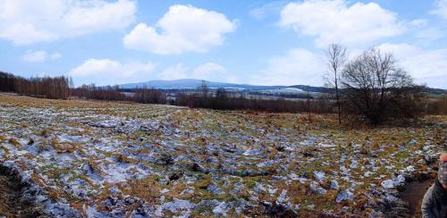 レシナにあるGórska Ostoja pole kempingowo- kamperoweの地面に雪をかぶった畑に立つ者