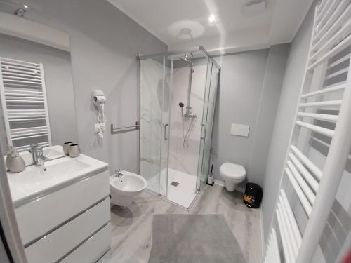 een witte badkamer met een douche en een toilet bij Pensiunea Ideal in Băile Borşa