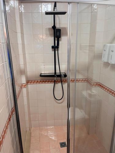 a shower with a glass door in a bathroom at Cantinho da Aldeia in Tomar