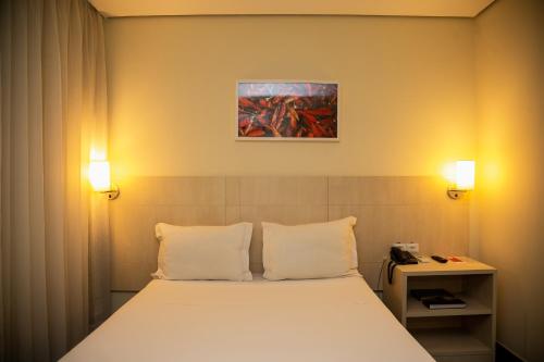 um quarto com uma cama com duas almofadas e um quadro em ibis Styles Belem Batista Campos em Belém