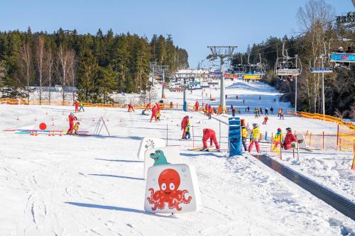a group of people skiing down a snow covered slope at Apartament A121 Molo Lipno s infrasaunou - Residence Koubek in Lipno nad Vltavou