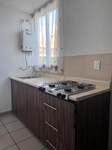 uma cozinha com um fogão e um lavatório em Departamentos Tucuran em Morelia