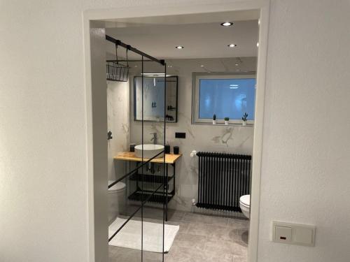 博倫多夫的住宿－Gemütliche&Moderne Ferienwohnung Nähe Trier & Luxemburg，一间带卫生间、水槽和镜子的浴室