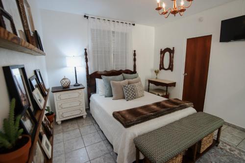 um quarto com uma cama, uma cadeira e uma televisão em Hacienda Tres Casitas em Cabo Rojo