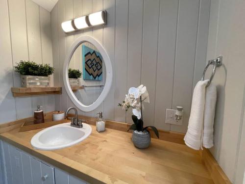 a bathroom with a sink and a mirror at Cheerful 1 Bedroom Cottage Close to Everything 2 in Edgecomb