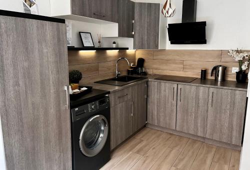 a kitchen with a washing machine and a sink at L'appart Moulin des Thermes Metz in Metz