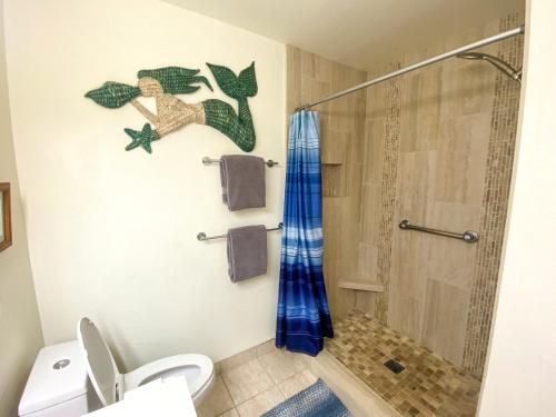 uma casa de banho com um chuveiro e um WC. em Hale Kamaole 329 em Wailea