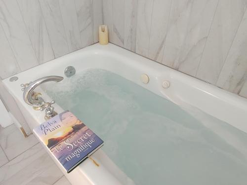 a book sitting in a bath tub with a magazine at Chalet Mathis in Saint-Raymond