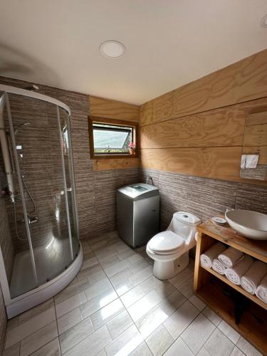 a bathroom with a shower and a toilet and a sink at Cabañas Terra Palafito in Castro